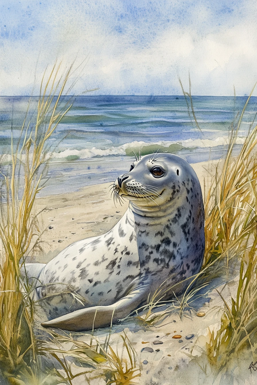 Watercolor harbor seal resting on a grassy sandy beach