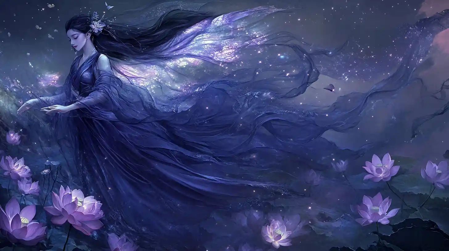 Ethereal fairy woman in indigo silks with lotus and vines