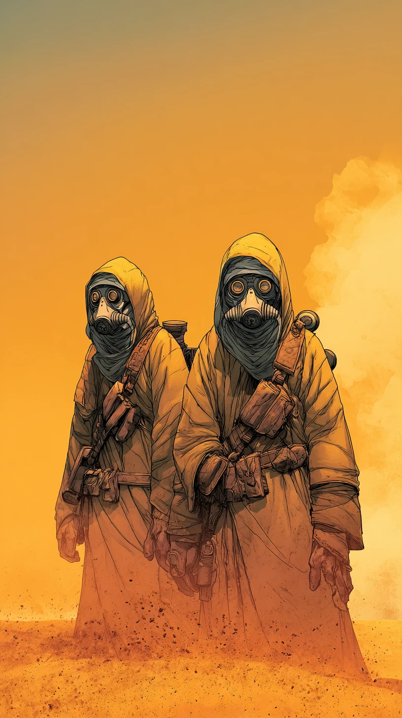 Desert monks in protective suits crossing a harsh sandy landscape