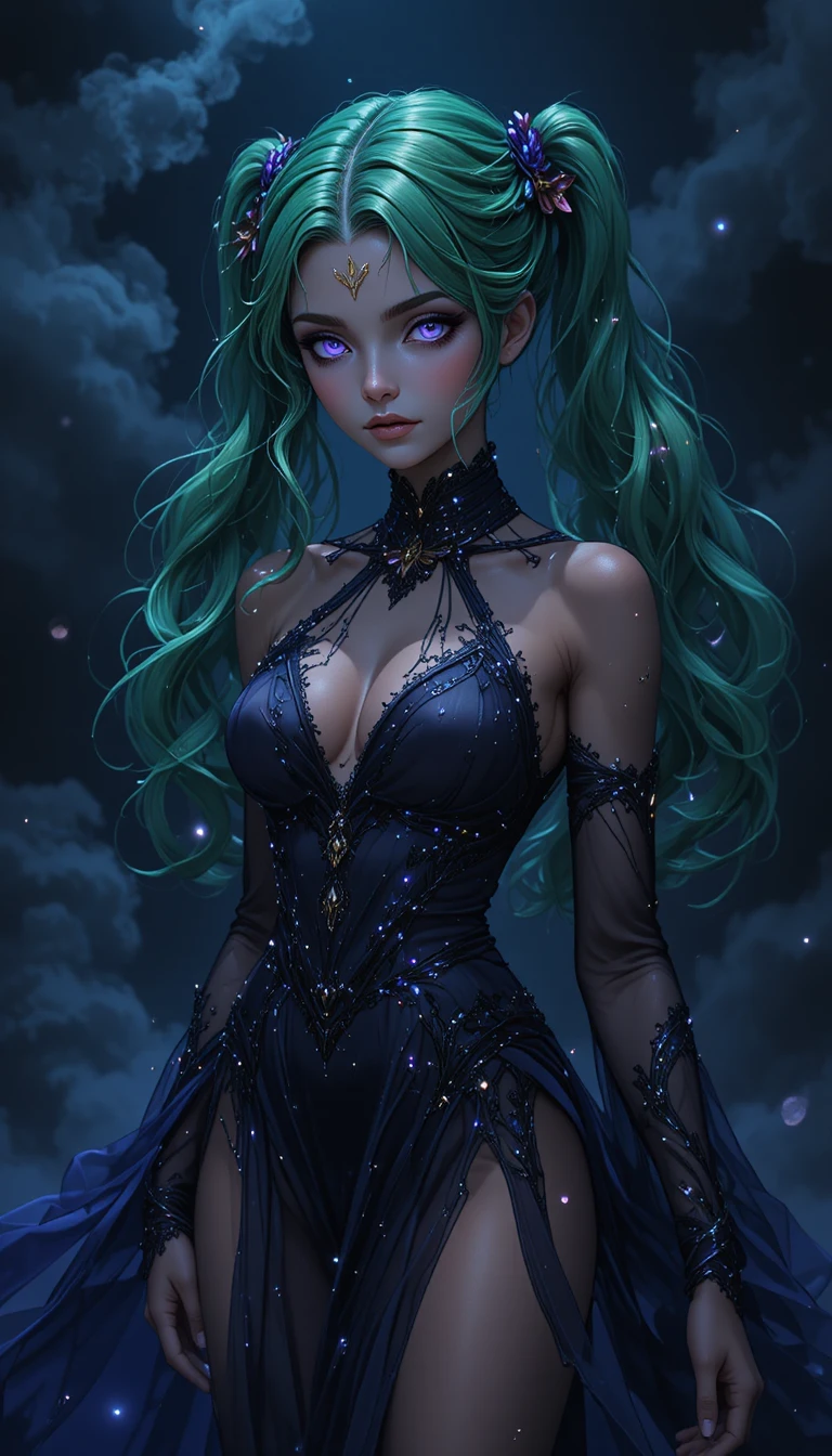 Ethereal anime ghost girl with shadowy flowing dress