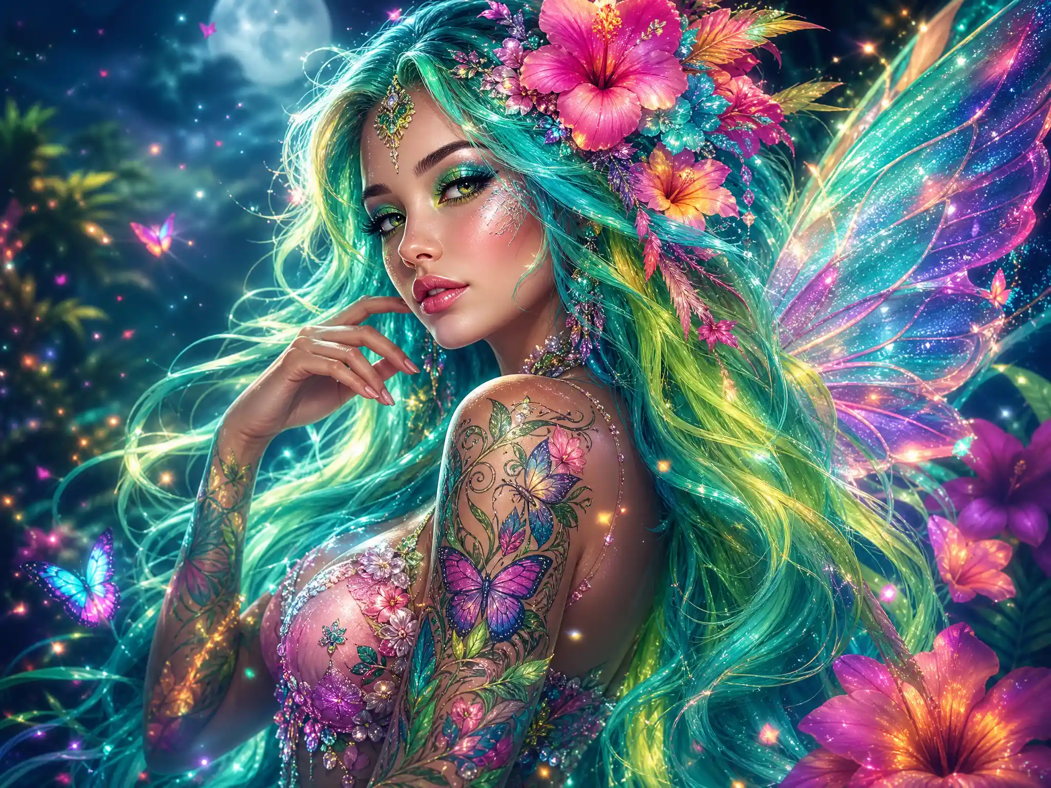 Neon fantasy woman with teal fairy hair and hibiscus flowers