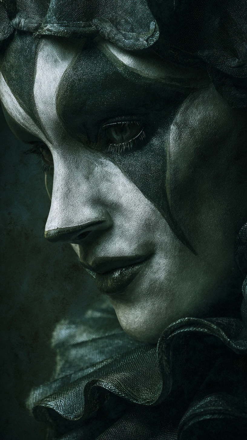 Dark fantasy portrait of a masked harlequin woman