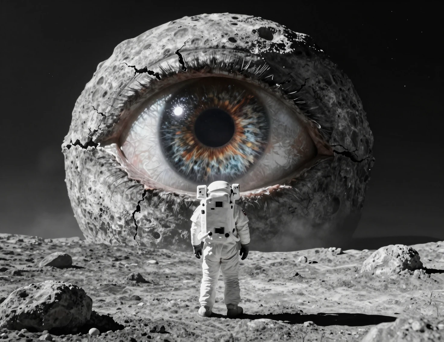 Astronaut Facing Colossal Human Eye On Desolate Moon