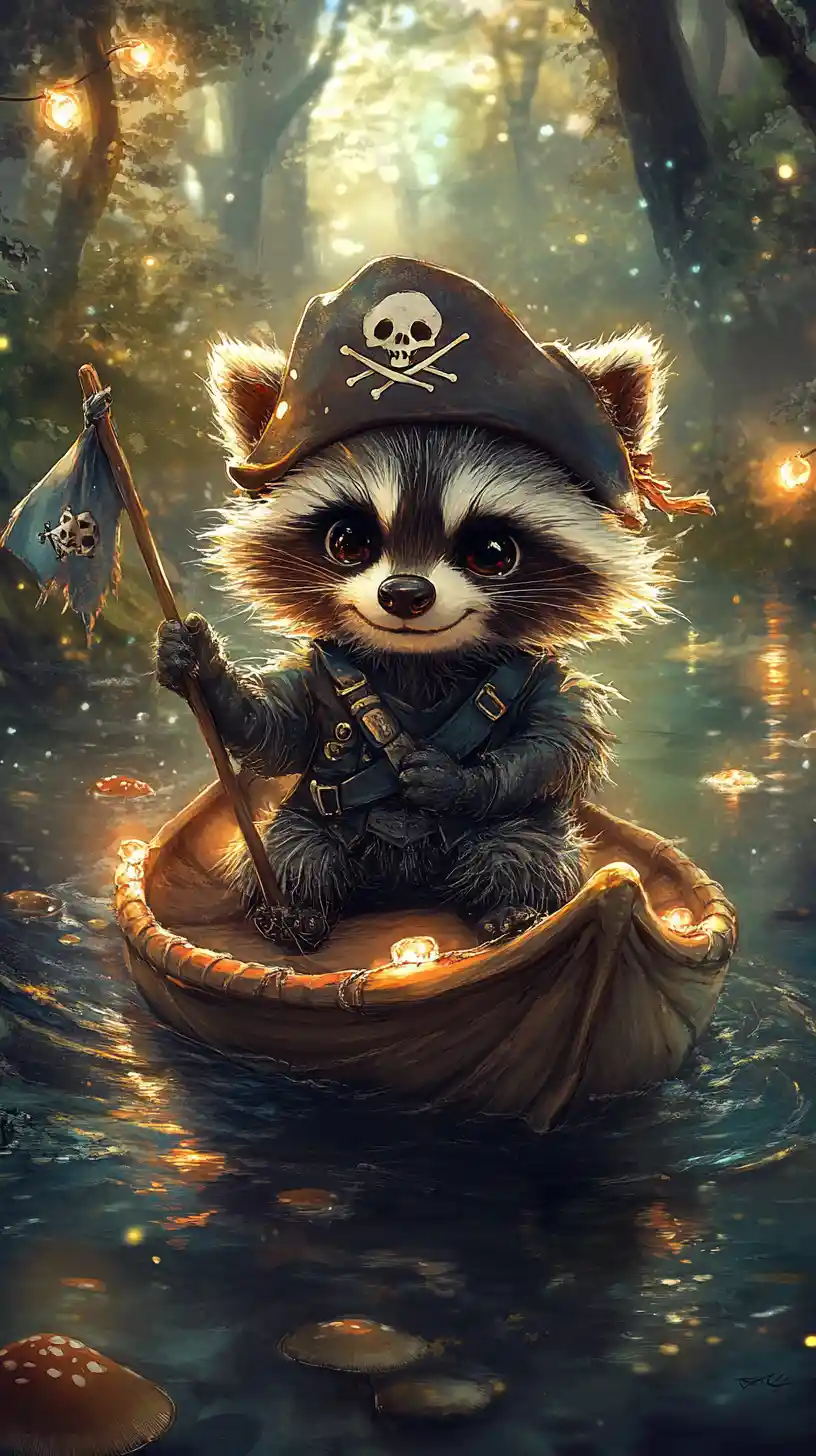 Cute pirate raccoon sailing a walnut boat in forest