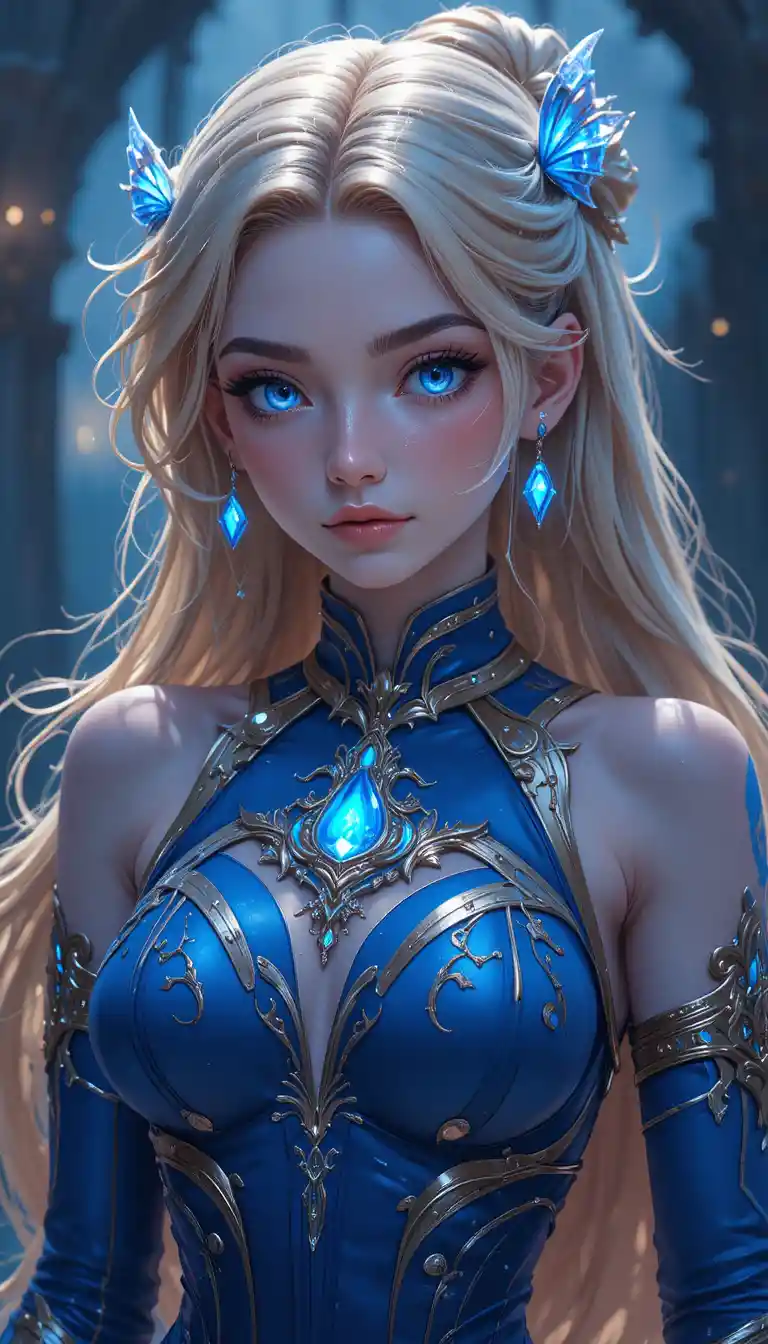 Young time mage girl with glowing blue eyes and charms