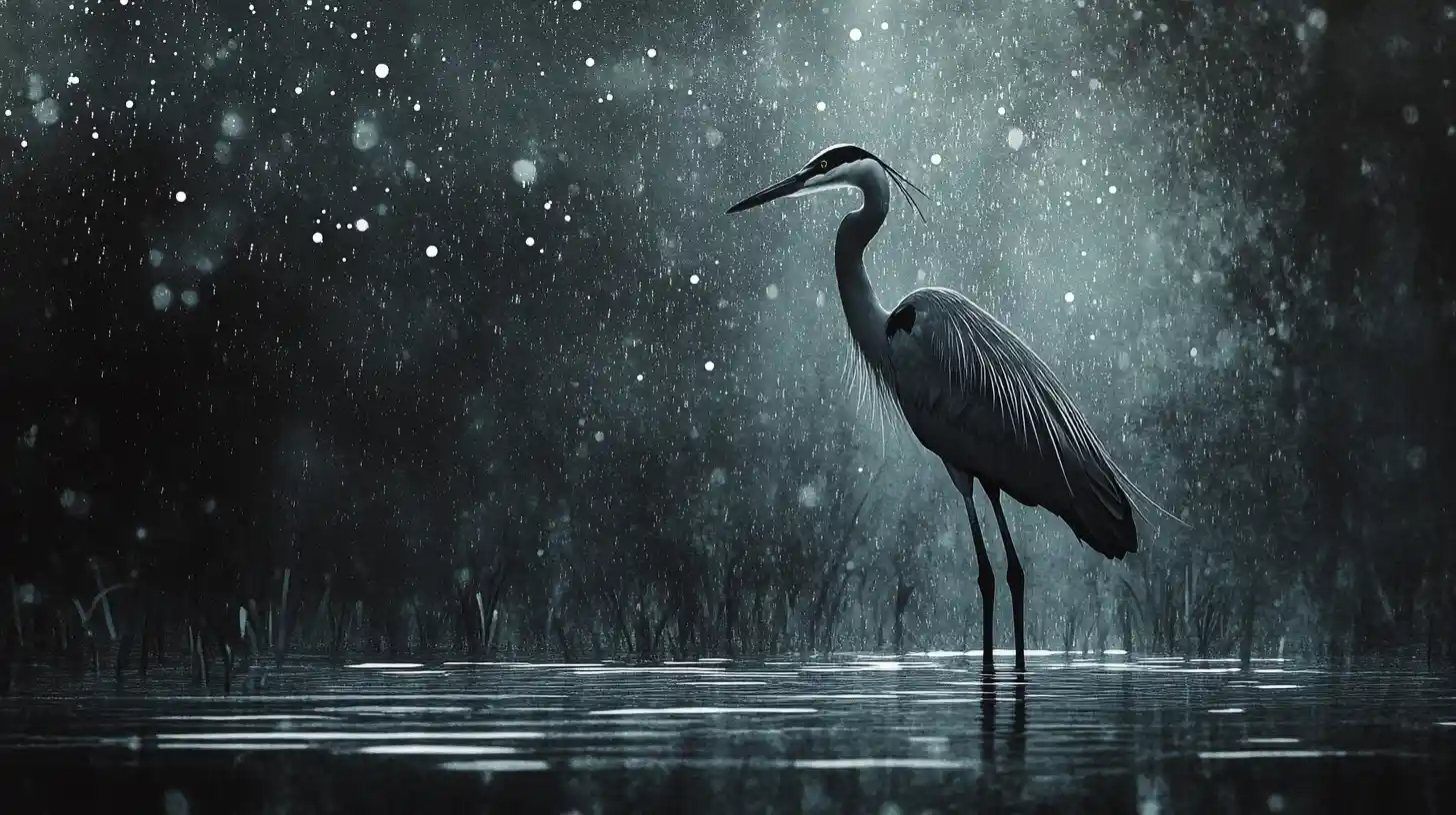 Heron Standing In Dark Water With Surreal Rising Rain