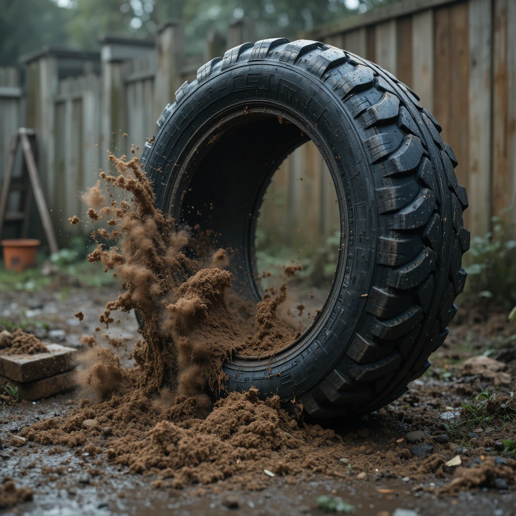 Old tire hitting muddy backyard corner in motion