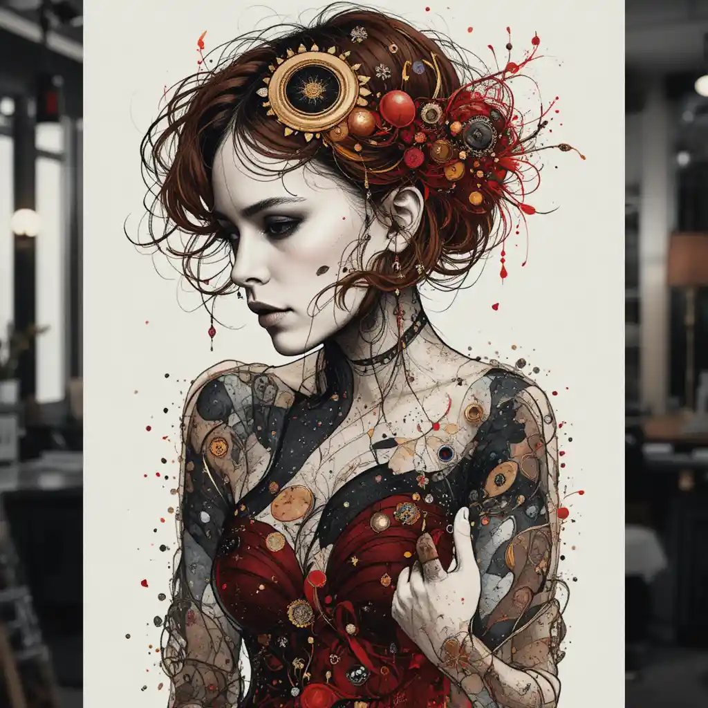 Woman with golden hair in red themed watercolor scene