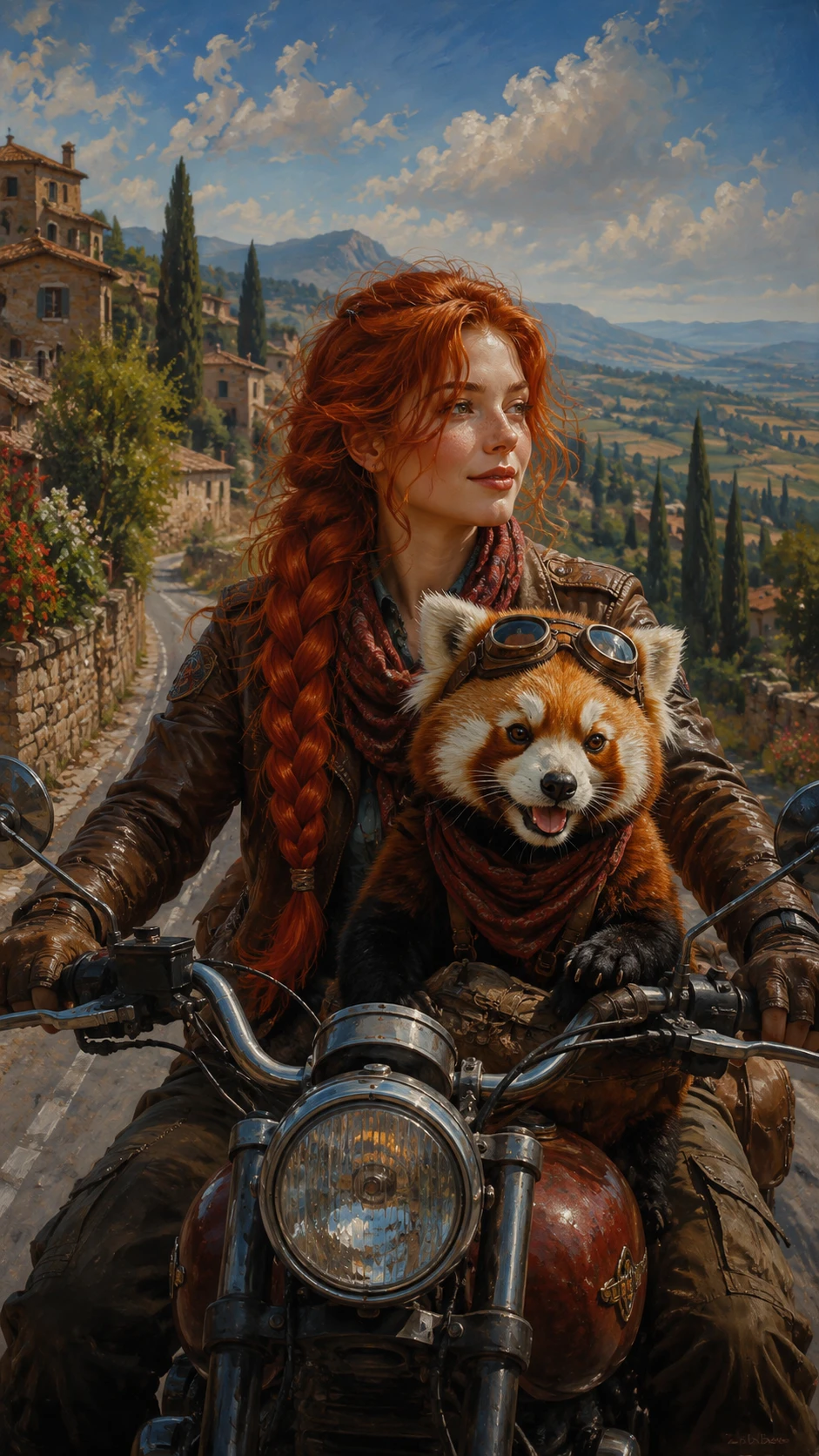 Woman and red panda riding a motorcycle through Tuscany