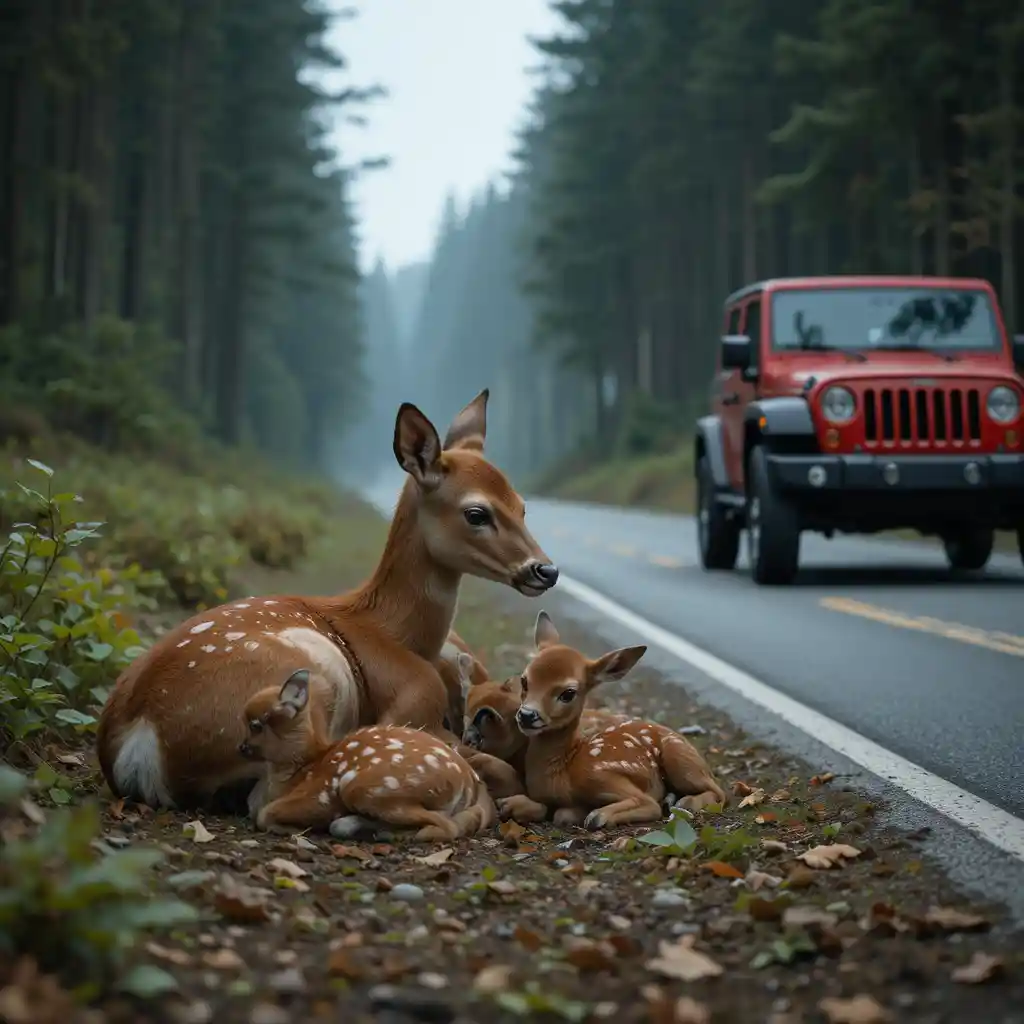 Injured deer with fawns beside quiet forest highway