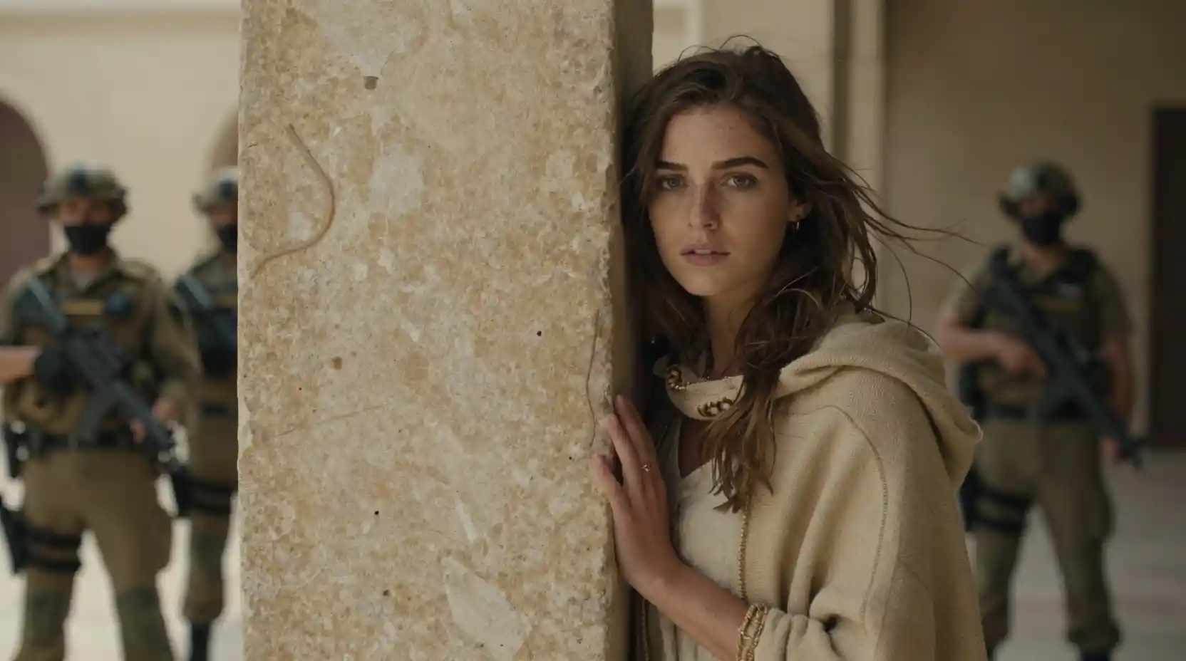 Young woman hiding behind a stone pillar in desert cloak