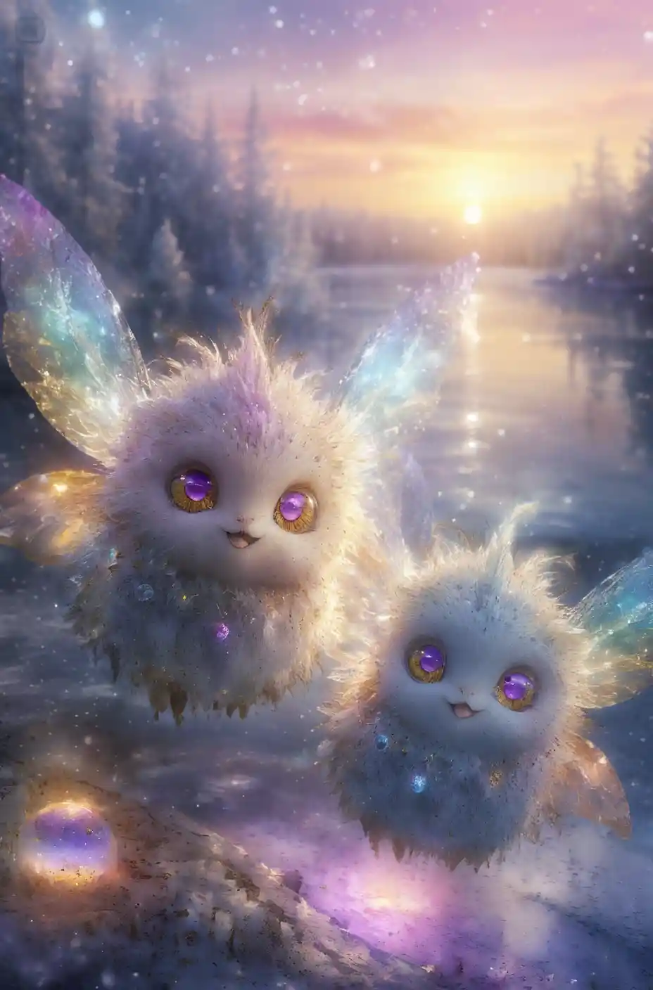 Whimsical fur fairies flying over a glowing frozen lake