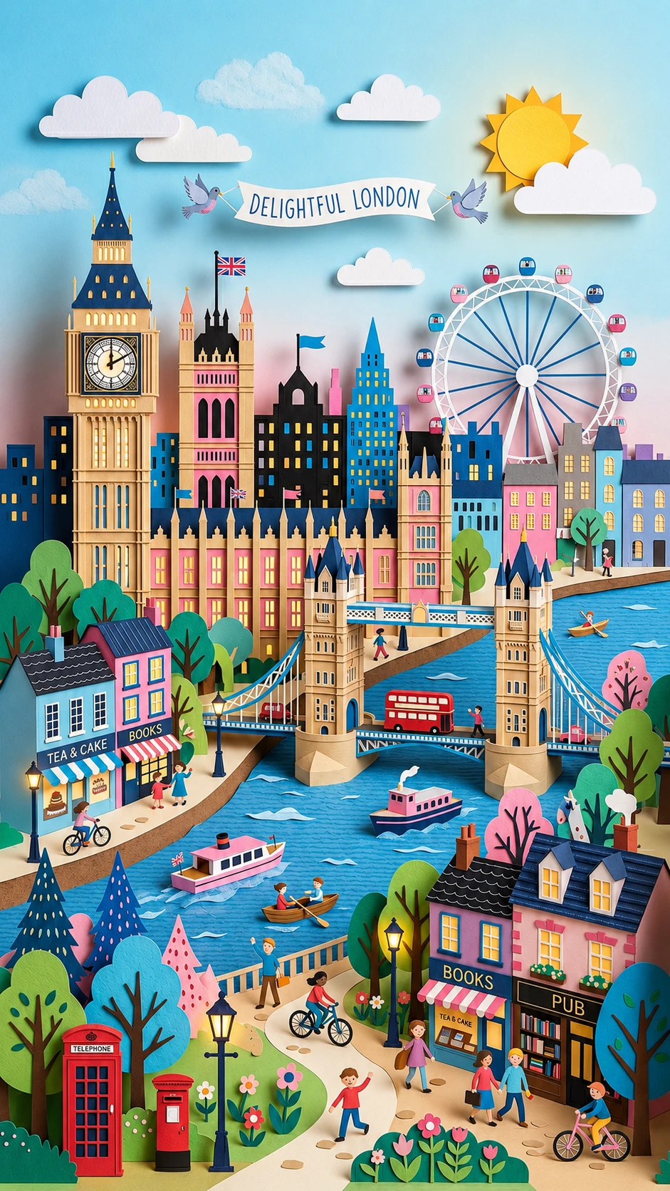 Panorama alegre de Londres en papel con estilo de cuento ilustrado