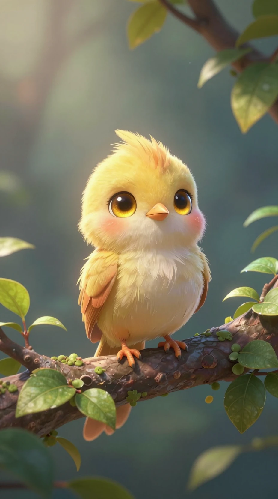 Cute 3D chibi baby bird with large golden eyes