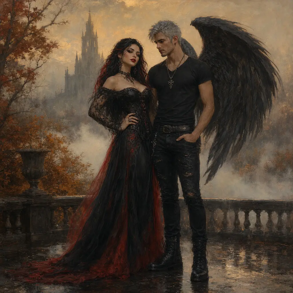 Gothic-Frau in herbstlich getönter, nebliger Ölgemäldeszene