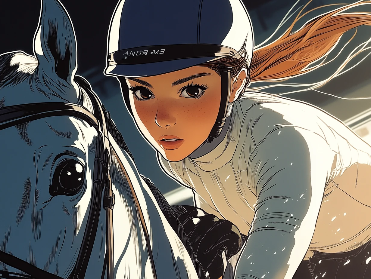 Extreme close up of a female jockey riding her horse