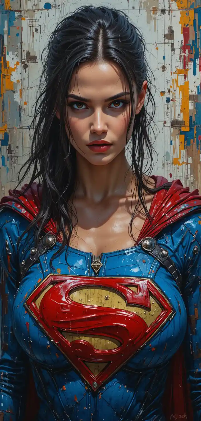 Fierce woman superhero in blue and red oil painting