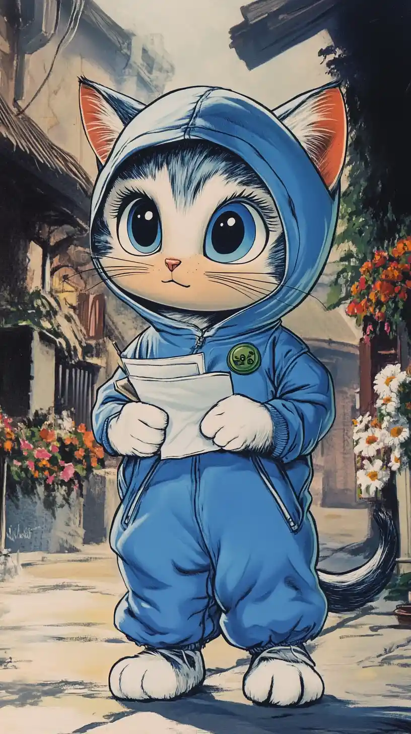 Sad blue eyed cartoon kitten in a moonlit fantasy city
