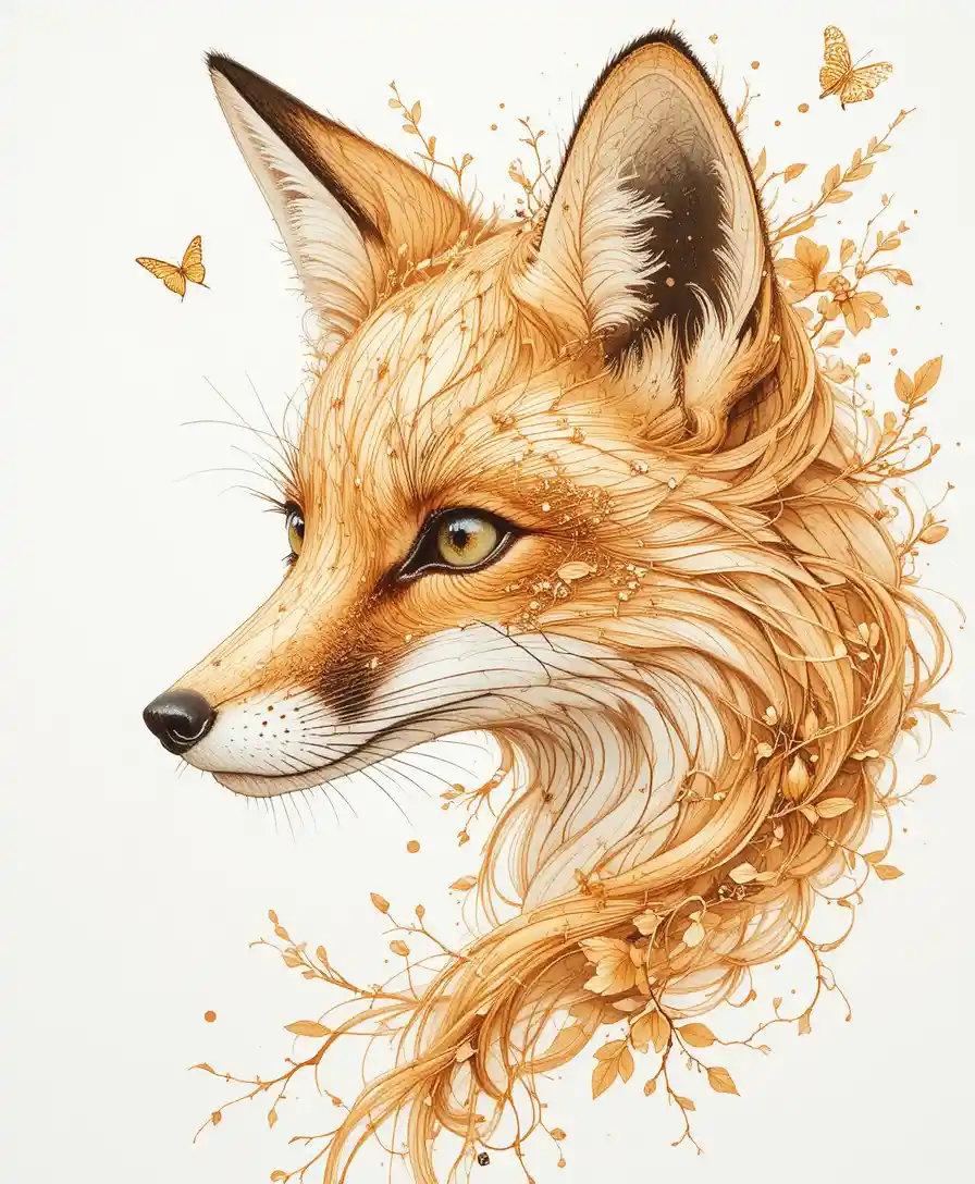 Ethereal fox portrait in delicate watercolor and ink