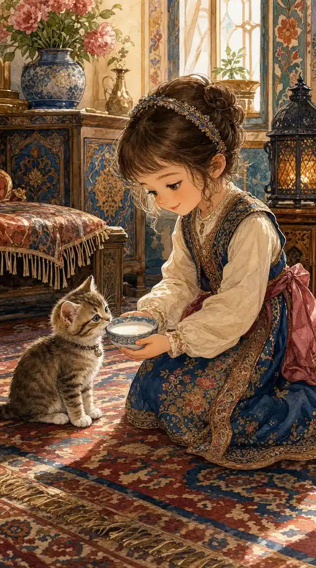 Cute girl giving milk to kitten in a cozy room