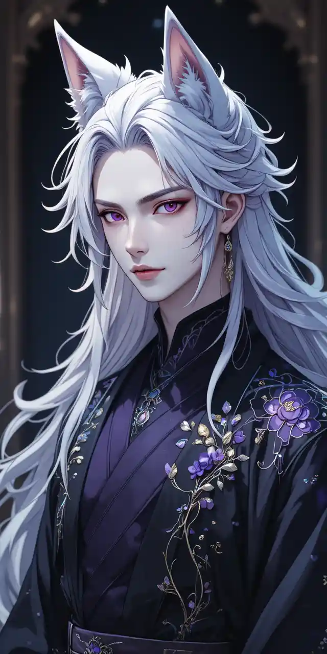 Elegant anime kitsune man in dark modern kimono