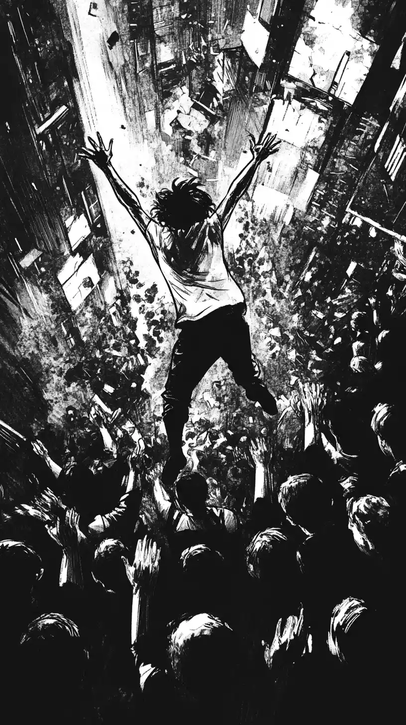 Stage dive into a crowd merging with a sprawling city