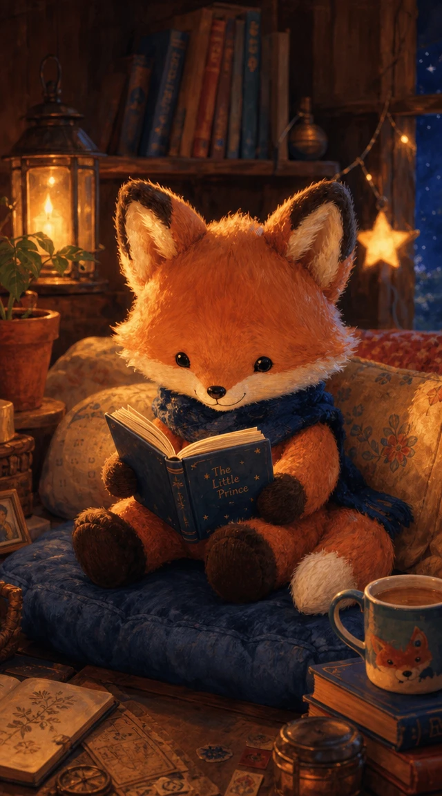 Cozy plush fox reading a tiny book indoors
