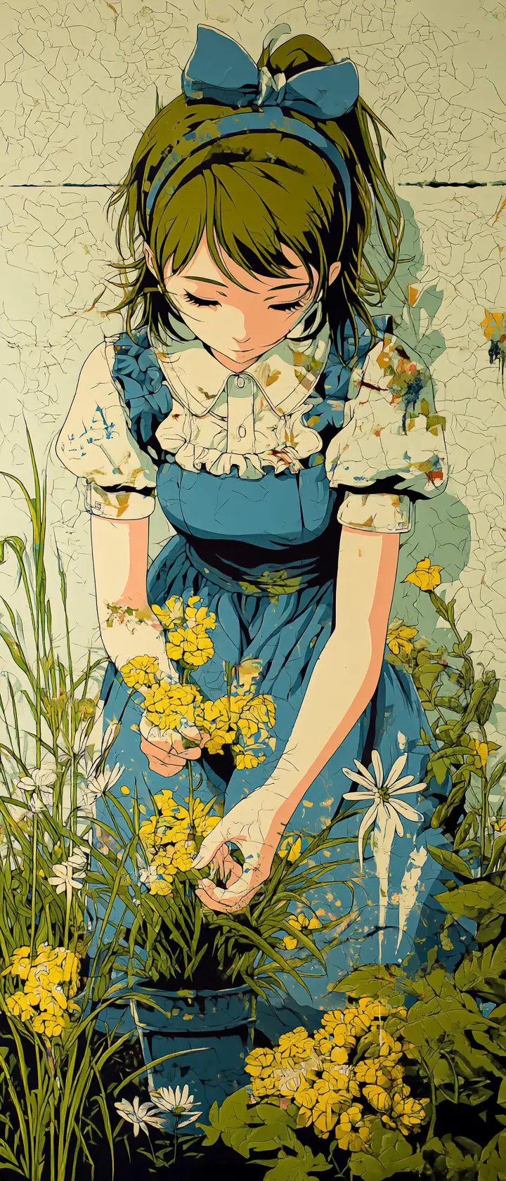 Anime gardener tending a dreamy rooftop memorial flower garden
