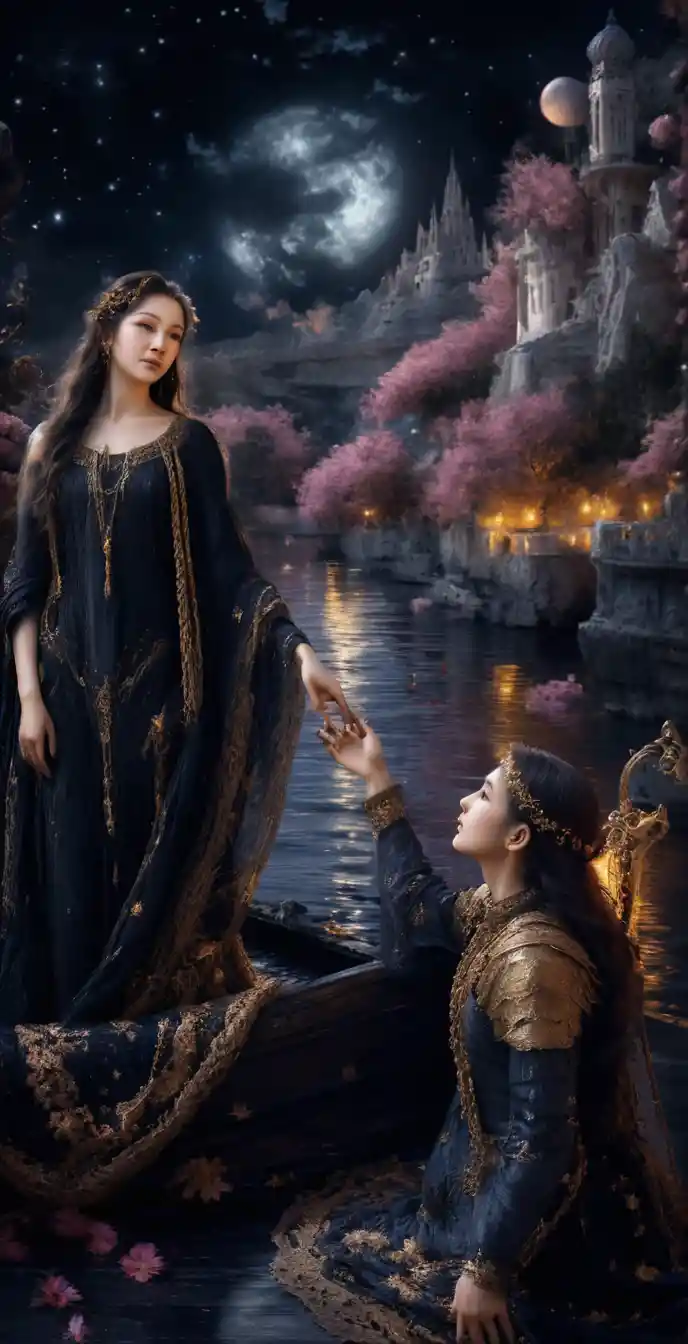 Dark fantasy woman under a glowing black moon