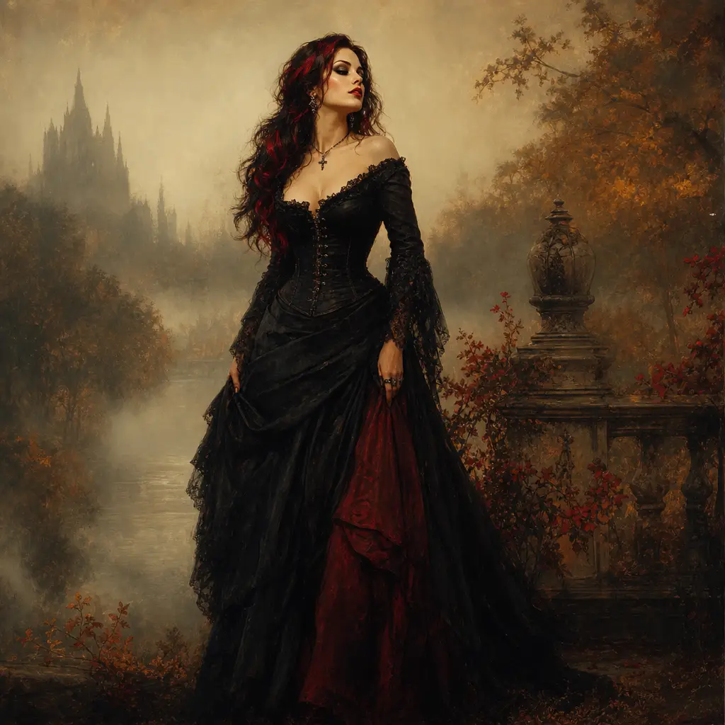 Gothic-Frau im nebligen, traumhaften Herbst-Ölgemälde