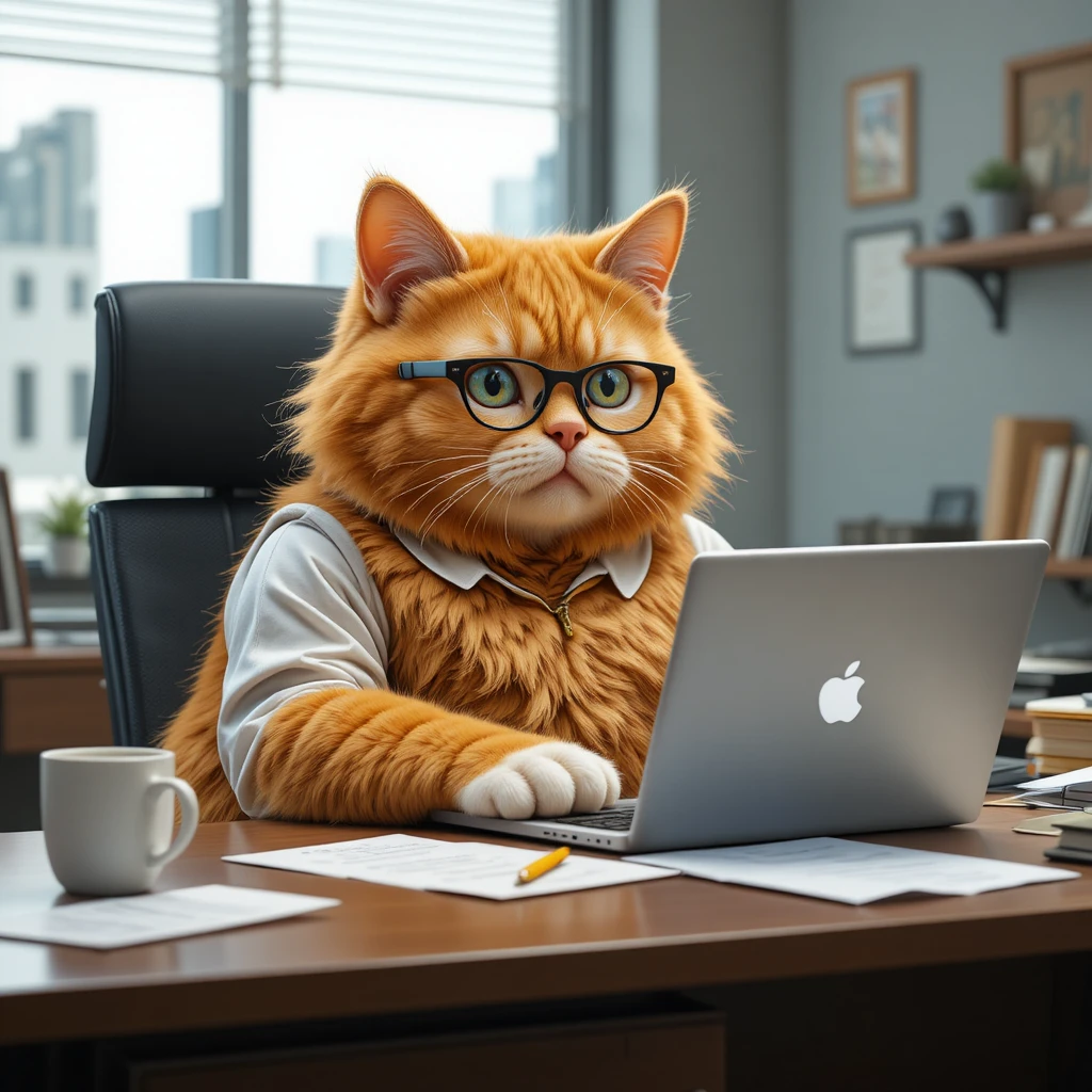 Orange office cat in glasses working at laptop