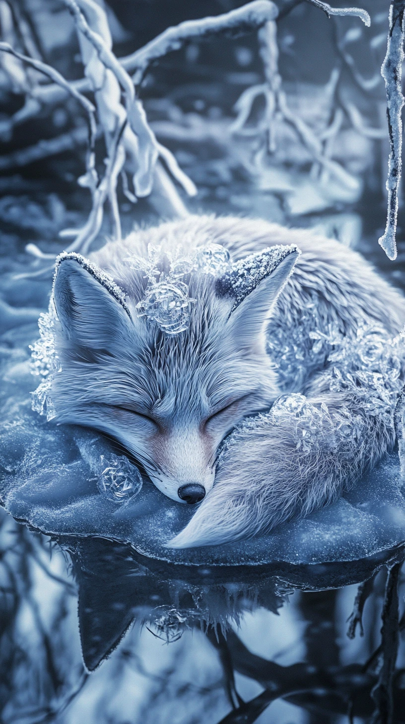 Fox Resting On A Frozen Pond In Pale Blue Light
