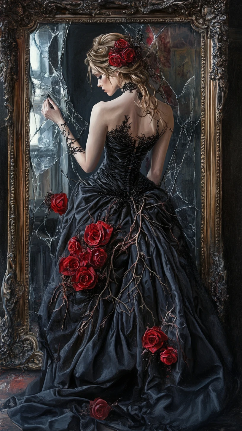 Regal woman in obsidian gown before a fractured mirror