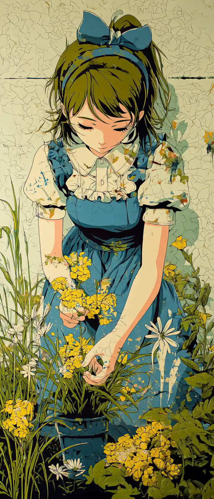 Anime gardener tending a dreamy rooftop memorial flower garden