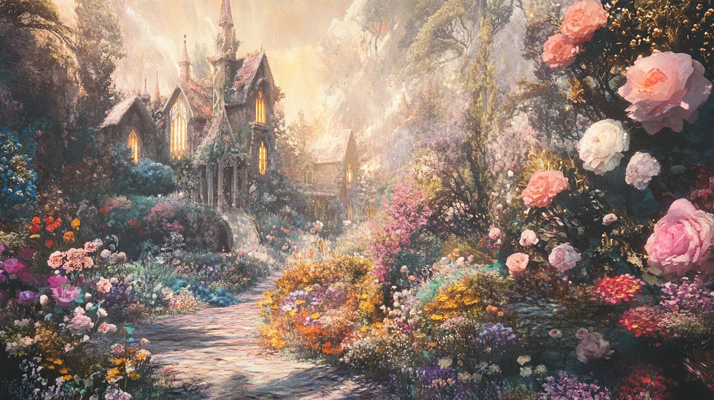 Whimsical floral fantasy village with lush pastel gardens
