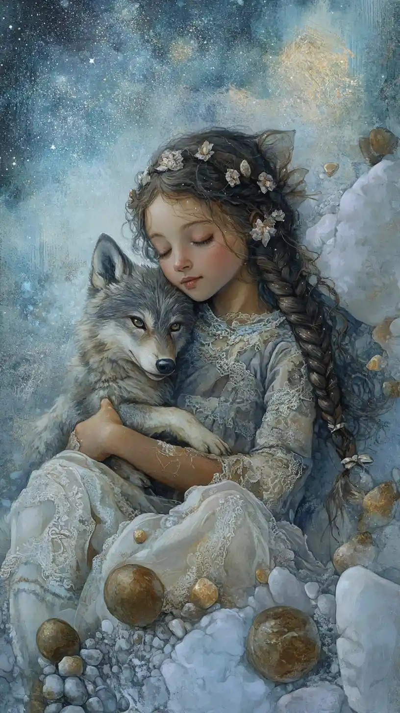 Child With Baby Wolf Under Dreamy Celestial Sky