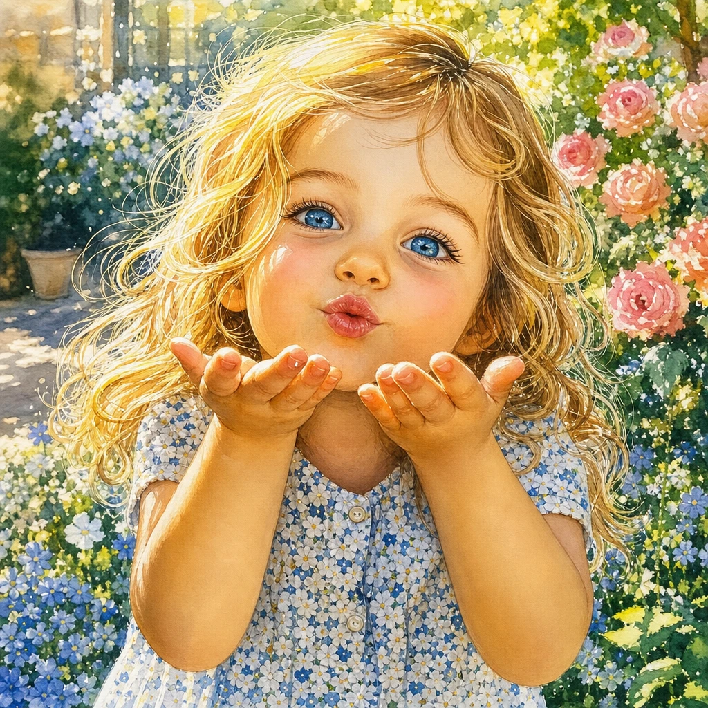 Joyful little girl blowing kisses in a flower garden
