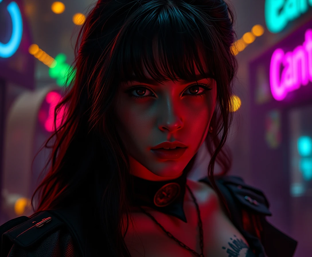 Seductive surreal woman in a dark neon dreamscape