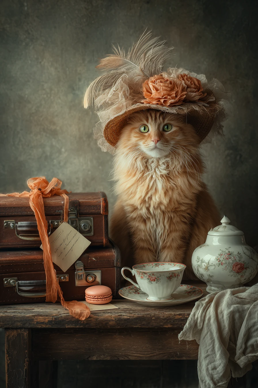 Calico cat in feathered hat amid vintage suitcases