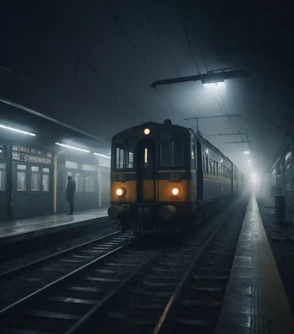 Abandoned train arriving at a foggy empty midnight station