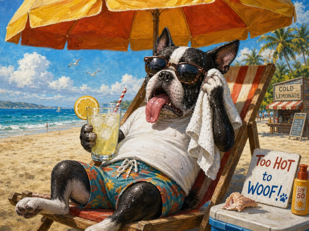 Cartoon dog relaxing on a beach chair under umbrella