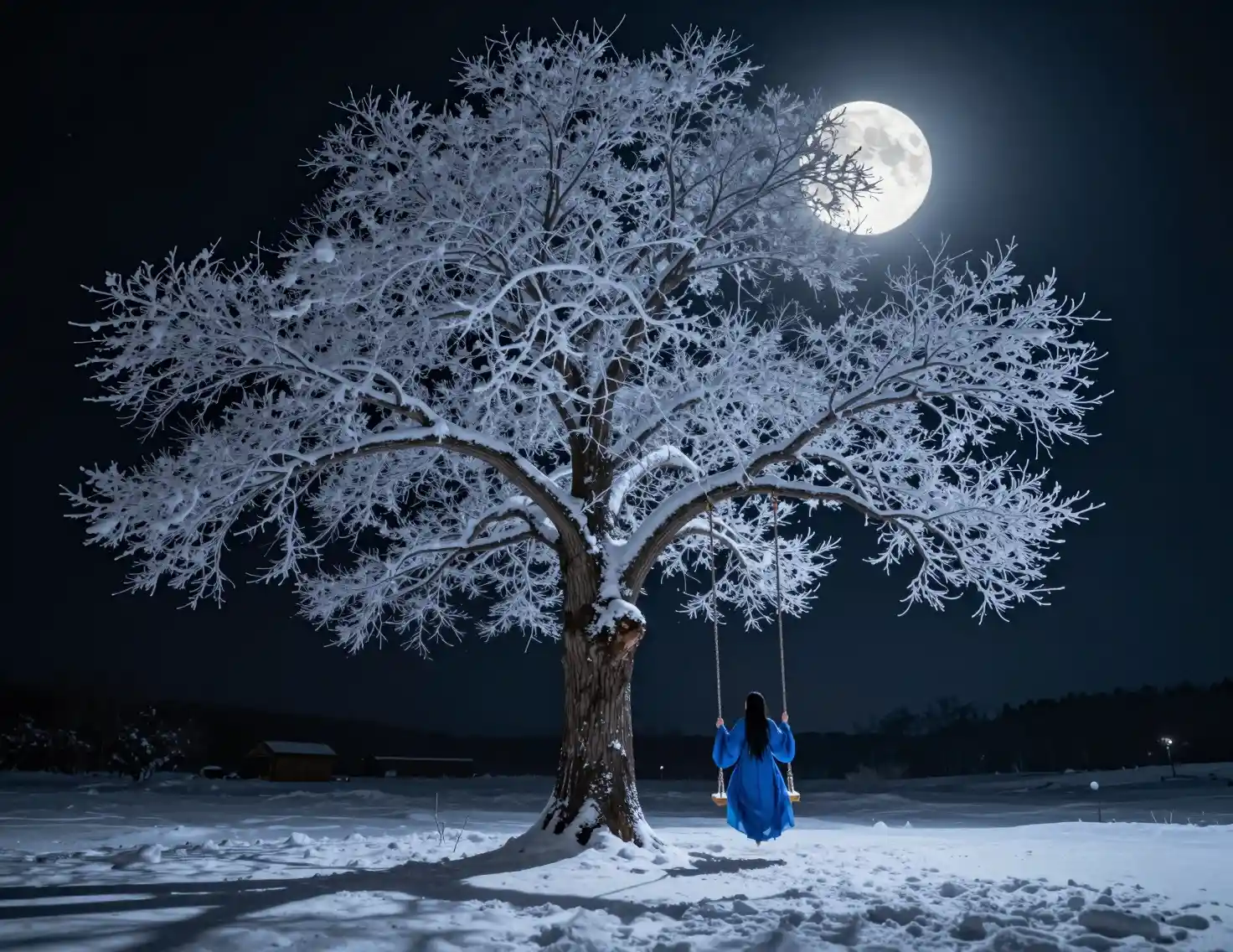 Woman on a swing beneath a lone winter tree