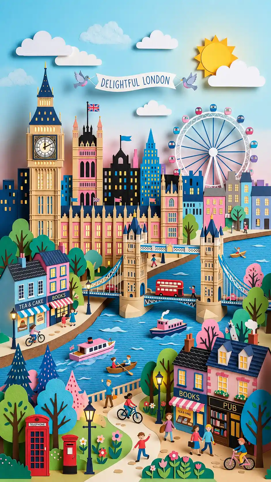 Panorama alegre de Londres en papel con estilo de cuento ilustrado
