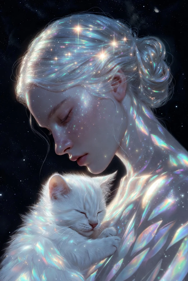 Celestial girl with silver skin cradling a sleeping kitten