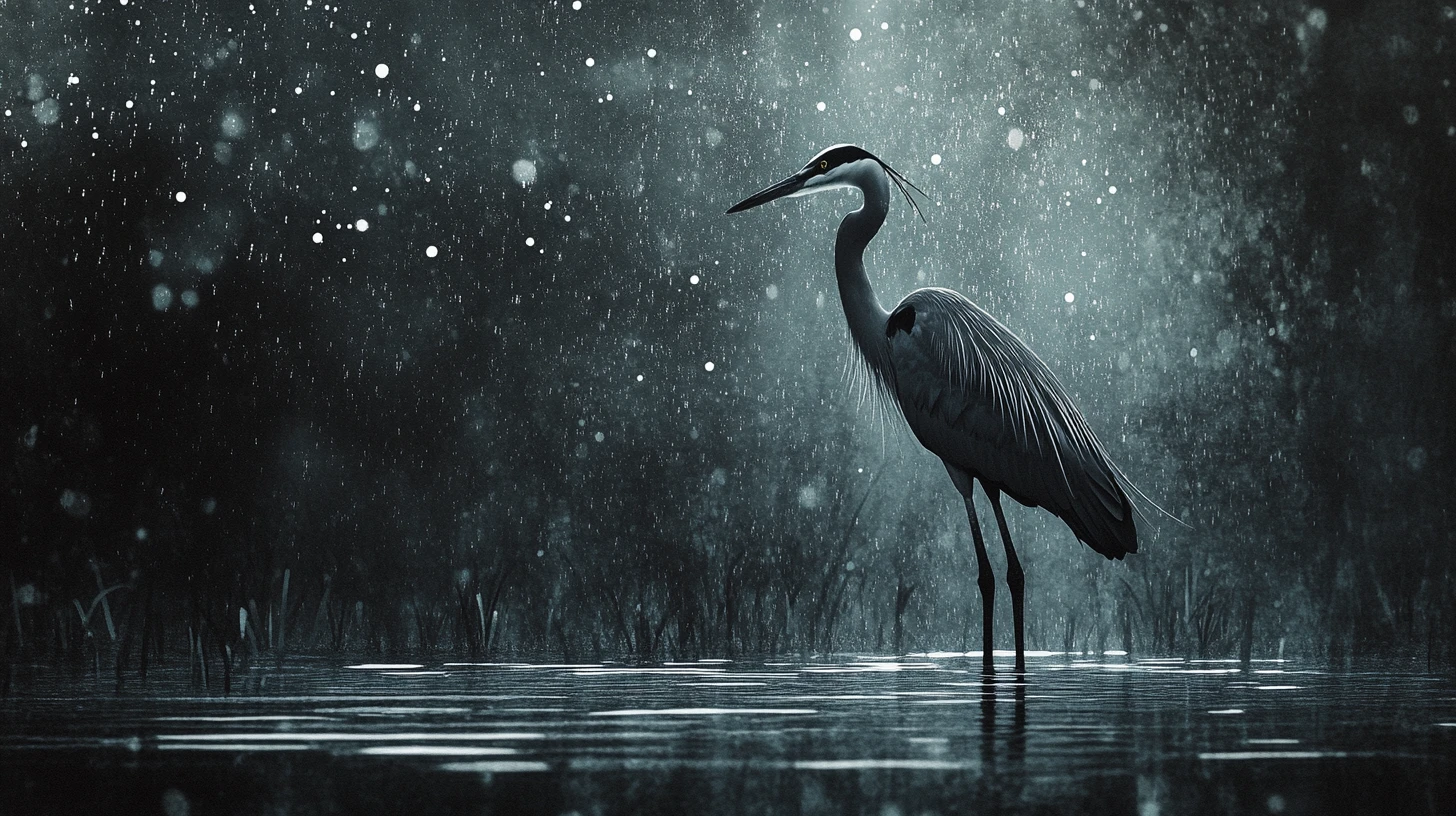 Heron Standing In Dark Water With Surreal Rising Rain