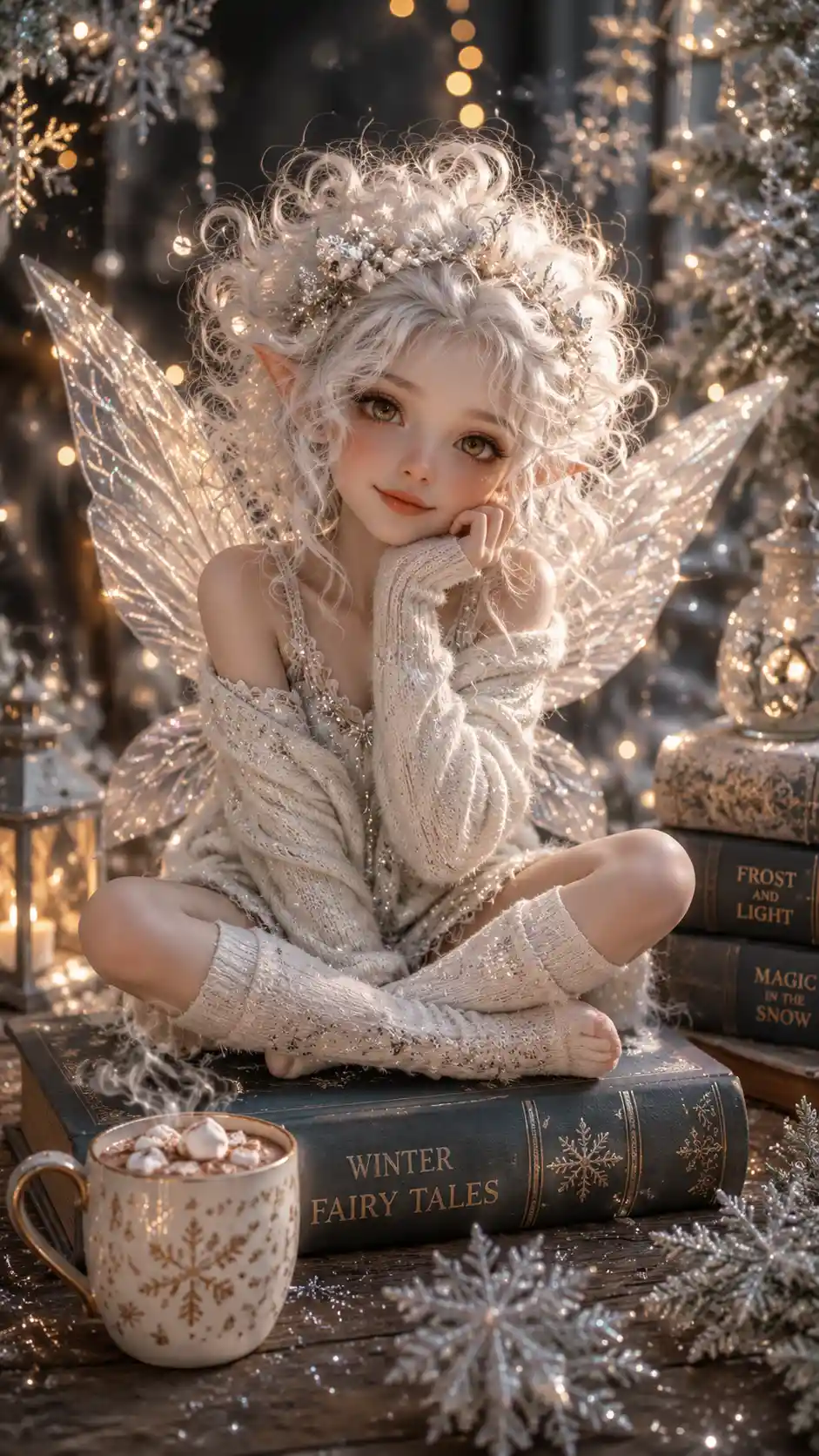 Cute winter fairy sitting on a book with fairy lights