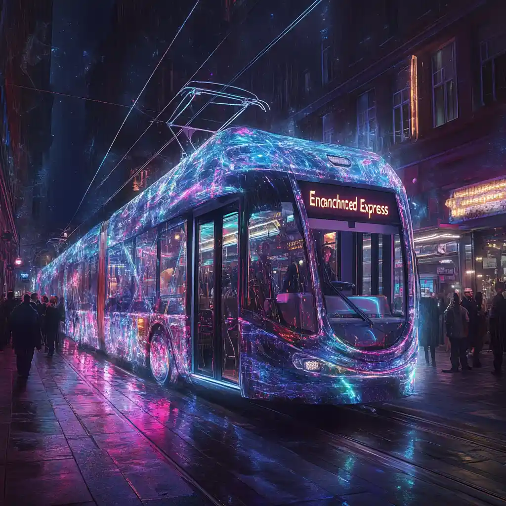 Glowing tram drifting through a dark empty city street