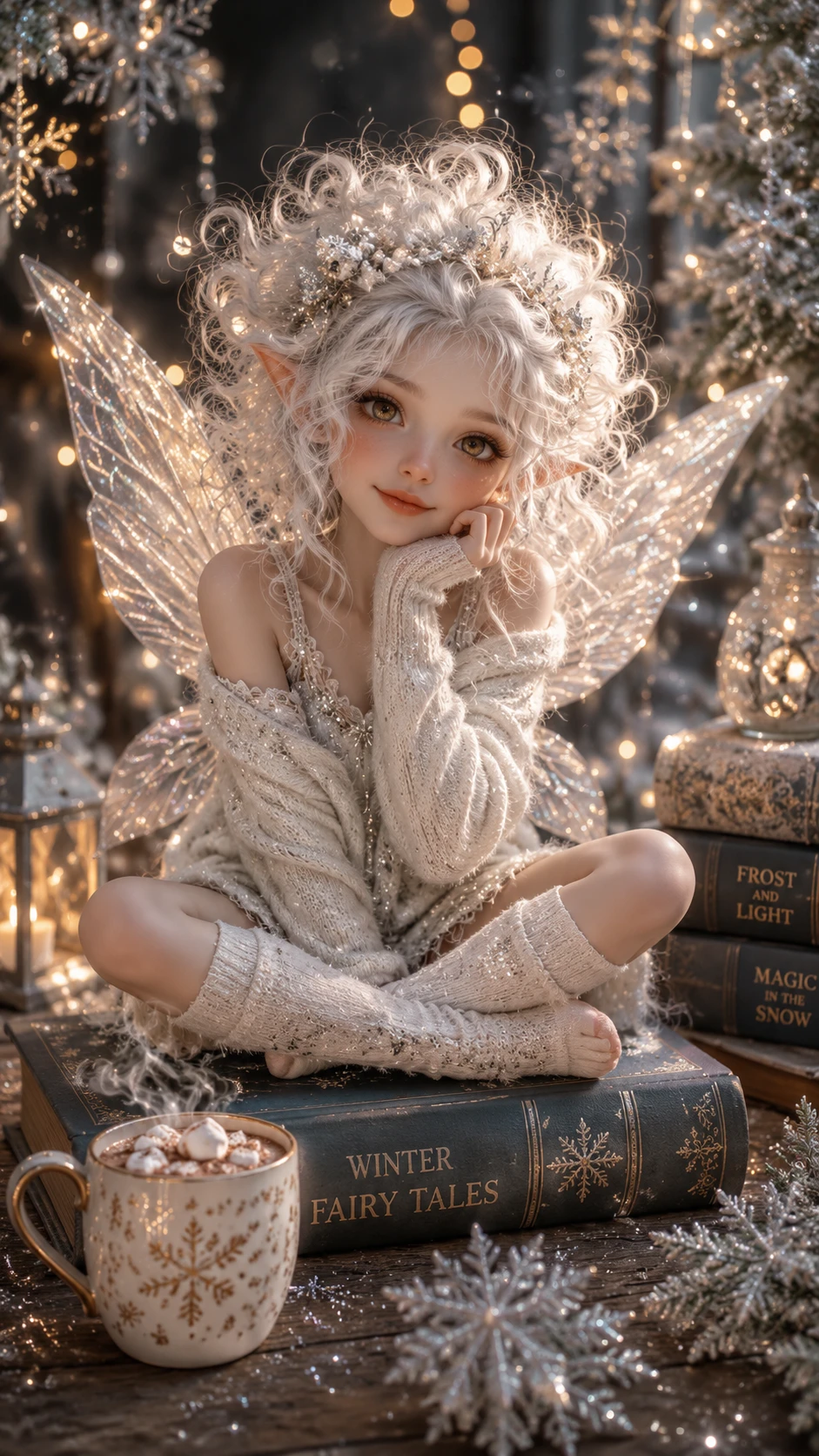 Cute winter fairy sitting on a book with fairy lights