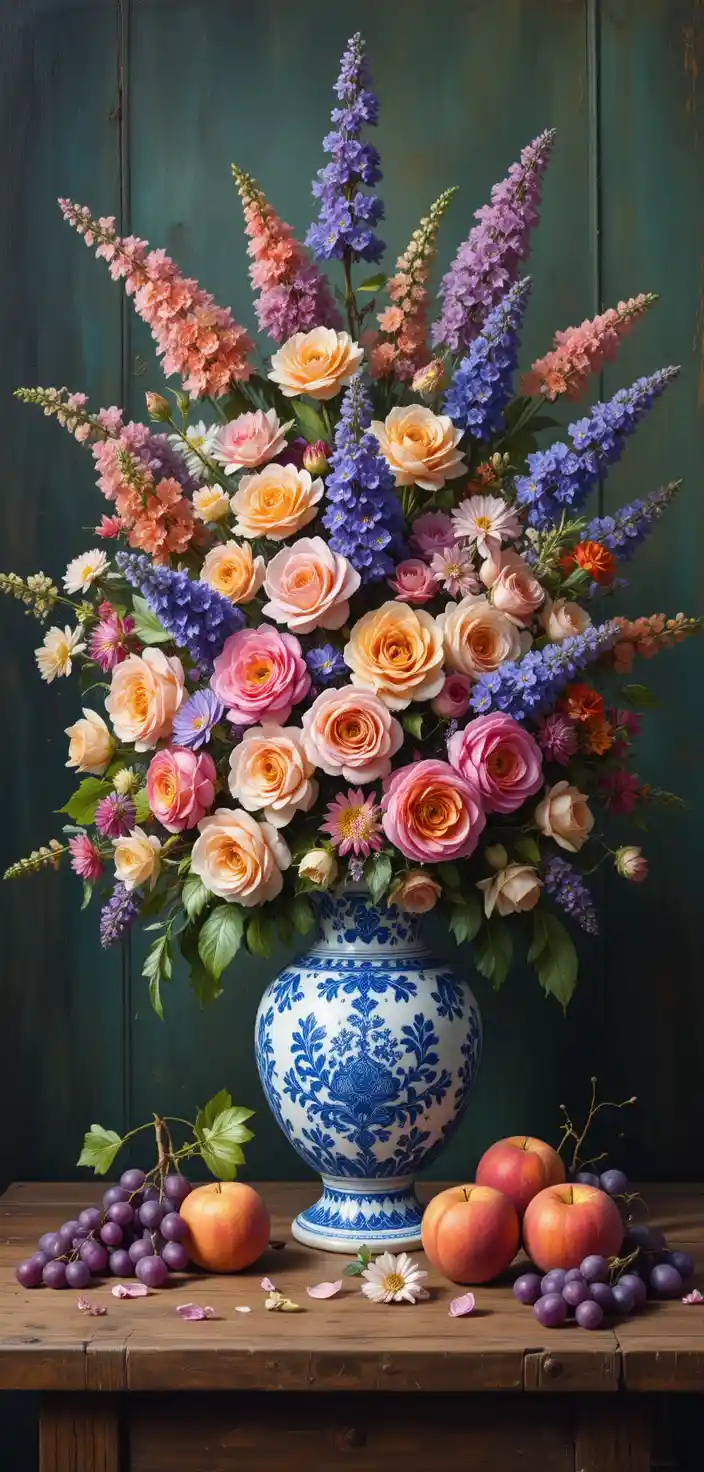 Floral still life with porcelain vase and summer fruits