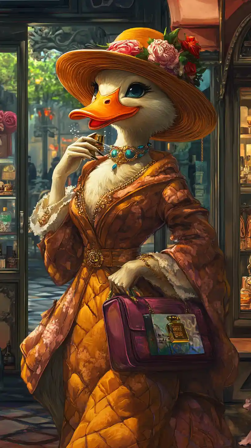 Stylish anthropomorphic duck spraying perfume in fashion boutique